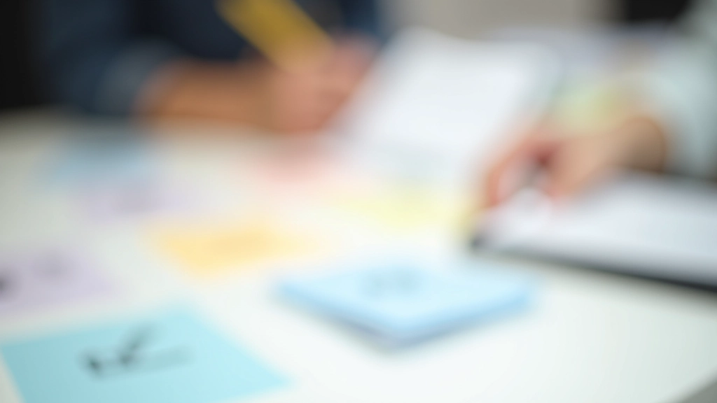 Close-up of colored index cards arranged in organized groups on white table, participant writing category names