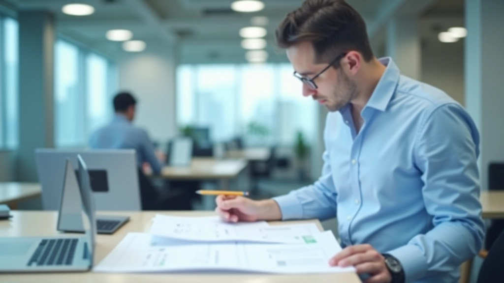 Designer at standing desk reviewing sitemap printout, sticky notes with feedback annotations on paper, pencil and coffee cup nearby, modern bright studio, natural light, close-up of hands reviewing document