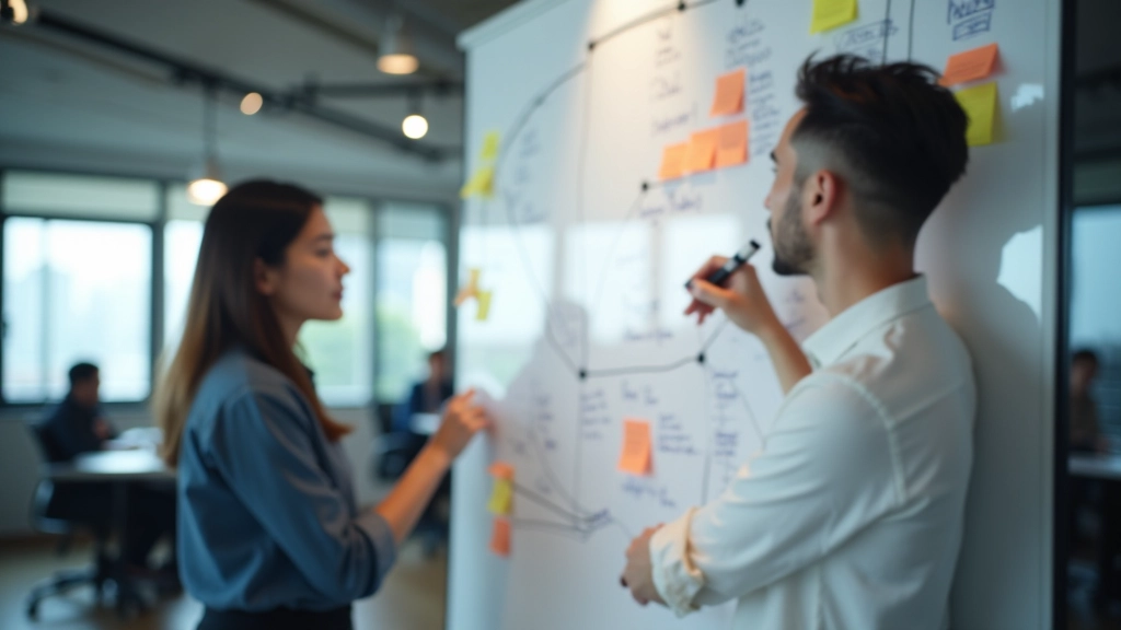 Designer sketching wireframe structure on whiteboard with sticky notes and color markers in collaborative workspace