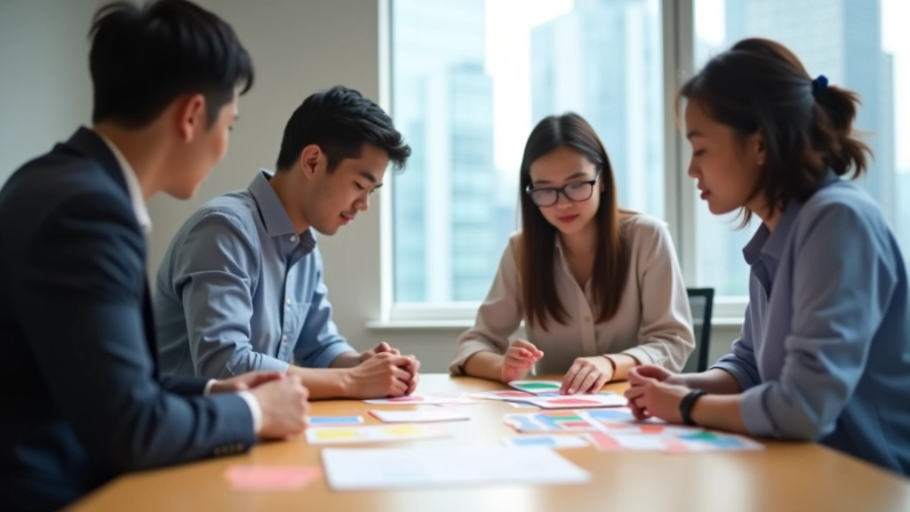 Four people seated around wooden table with colorful index cards scattered and grouped, conducting card sorting exercise, natural window lighting, collaborative workspace, overhead angle, sharp focus