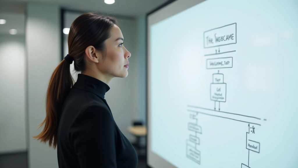 Large whiteboard with hand-drawn website structure showing hierarchical levels, connected with lines and labeled sections, designer pointing at the diagram, bright office setting